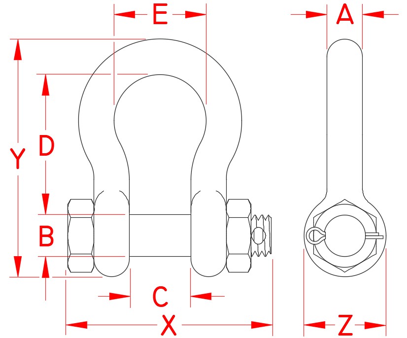Stainless Steel Bolt Anchor Shackle, S0116-SA07, S0116-SA08, S0116-SA10, S0116-SA12, S0116-SA13, S0116-SA16, S0116-SA20, S0116-SA22, S0116-SA25, S0116-SA32, line Drawing